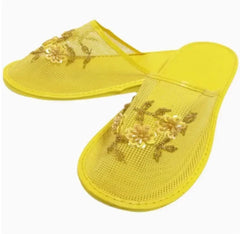 Women Indoor Slippers Sequin Flat Shoes Lady Summer Hollow Mesh Beach Slippers Flip Flops Casual Baotou Creative Flower Mesh