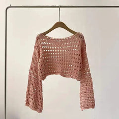 Women Long Sleeve Crochet Knitted Sweater Beach Bikini Cover Up Top Summer