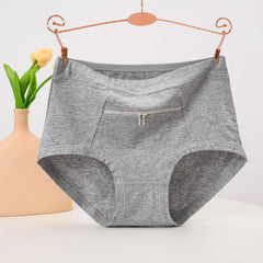 Women Underwear Anti-theft Zipper Pocket High Waist Stretch Breathable Cotton Middle-aged Mom Grandma Brief Panties Underpants