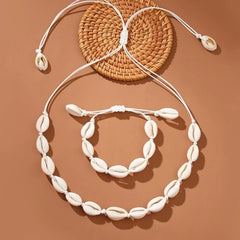 2pcs Fashion handmade Braided Shell Necklace Bracelet Jewelry Set for Women Bohemian Beach Resort style Vocation Jewelry Gift