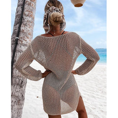 2023 Crochet Beach Cover Up Sexy Bikinis Cover-ups Hollow Out White Tunic Knitted Mini Summer Dress Women Beachwear Swim Suit