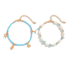 Salircon 2 יח'\סט בוהמי כוכב ים קונכייה אורז חרוזים צמיד קרסול שרשרת נשים 2024 טרנדי חוף צמידי קרסול ליידי תכשיטי אבזרים