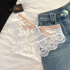 French Sexy Lace Satin Underwear for Women Low Waist Thin Mesh Hollow Out Bow Panties Sweet Girl Breathable Cotton Crotch Briefs
