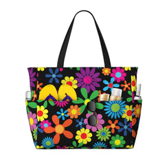Hippie Flowers Large Beach Tote Bag Women Waterproof Sandproof Zipper Beach Tote Bags for Pool Gym Grocery Travel