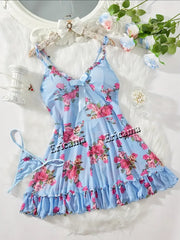 Women's Underwear Sexy Bra And Panties Sets Lace Ruffle Trim Lingerie Set Deep V Slip Dress Thong Women's Sexy Lingerie