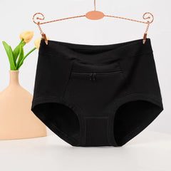 Women Underwear Anti-theft Zipper Pocket High Waist Stretch Breathable Cotton Middle-aged Mom Grandma Brief Panties Underpants