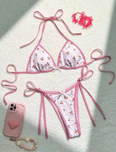 Sexy Damen-Bikini-Set mit süßem Kirschmuster, Neckholder und String-Mikro-Bikini, zweiteiliger Badeanzug, Bademode, Strandoutfit, Bikini