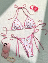 Sexy Damen-Bikini-Set mit süßem Kirschmuster, Neckholder und String-Mikro-Bikini, zweiteiliger Badeanzug, Bademode, Strandoutfit, Bikini