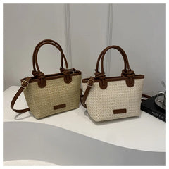 תיק כתף קש קלוע לנשים לחופשת קיץ וחוף הים, בעיצוב פשוט ליום-יום, תיק דלי קטן לנשים, מתאים לנסיעות, תיק קרוסבודי