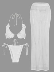 3 Piece Bikini Set 2025 Sexy Crochet Swimwear Floral Bathing Suit with Skirt Sheer Knit Beachwear Vacation Dresses Swimsuit K160