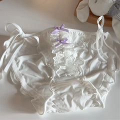 Women Underwear Japan Style Ruffle Cut Low Waist Lace Up Panties Sexy Lace Up Sweet Double Dow Breathable Soft Ice Silk Brief