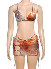 Whatiwear Sexy Colorful Bikini 3 Piece Set Women Pearls Patchwork Bra Tops+Shirring Briefs+Hollow Skirts Beach Style Outfits