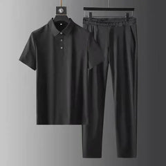 Men Sets Turn Down Collar Shirts Short Sleeve T Shirts Knee Length Straight Pants Two Pieces Loose Fit Summer Solid Casual