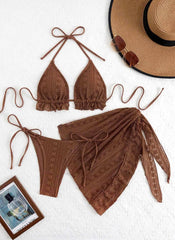 Sexy Coffee Bikini 2025 Women Ruffles Push Up Bra Triangle Swimsuit Summer Bathing Suit Mesh Skirt 3 Piece Swimwear Biquini