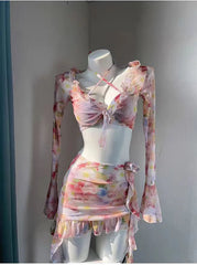 Sexy Floral Print Split Bikini Set Women 4pcs/set Hollow Push up Swimsuit Beach Bathing Suit Fashion Holiday Hot Spring Swimwear