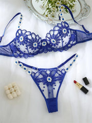 Fairy Sexy Lingerie Floral Embroidery Wire Bra Set Deep Blue Mesh Underwear Transparent Lingerie Honeymoon Intimate Lingerie Set