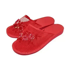 Women Indoor Slippers Sequin Flat Shoes Lady Summer Hollow Mesh Beach Slippers Flip Flops Casual Baotou Creative Flower Mesh