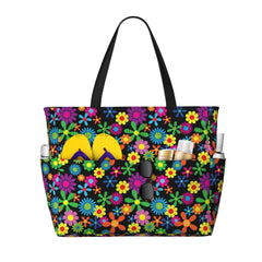 Hippie Flowers Large Beach Tote Bag Women Waterproof Sandproof Zipper Beach Tote Bags for Pool Gym Grocery Travel