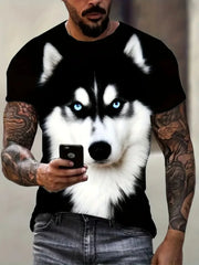 Men's Casual Crew Neck T-shirt 3D Cartoon Wolf Print Hip Hop Outdoor Street Trend Top Summer Short Sleeve T-shirt Sport