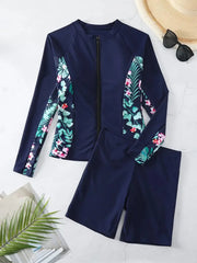 Tropical Print Patchwork 2 Piece Swimsuits, Long Raglan Sleeve Zip Up Swim Top & Shorts Water Sports Swimsuit Women Swimwear
