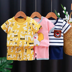 Kinderkleidungsset für Babys (Jungen/Mädchen): T-Shirt + Shorts, Sommerkleidung aus Baumwolle, lässiger Cartoon-Trainingsanzug für Jungen, Kinder-Babykleidungsset