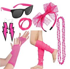 אביזרי תחפושת שנות ה-80 לנשים חצאית טוטו ניאון כפפות רשת דייגים שרשרת חרוזים צמיד עגילים סט תחפושות למסיבה של שנות ה-80 למבוגרים