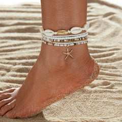 Sommer Strand Damen Reisperlenkette Fußkettchen Elastisches Seil Boho Muschel Seestern Fußkettchen Sets