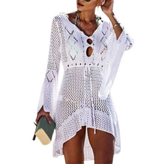 Summer Women Bikini Cover Up Hollow Out Knitted Flared Sleeves Swimwear Cover Up Solid Color Drawstring Beach Dress For Vacation