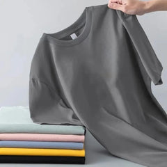 Spring Summer New Polyester Simple Casual Short Sleeve T-shirts For Men Clothing Solid Color Loose Streetwear