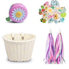 Fahrradkorb-Set für Kinder mit Klingel, Quaste und Aufklebern – Handgeflochtener Rattan-Fahrradkorb für den Lenker – Fahrradzubehör