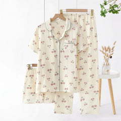 Women's Underwear Set Pure Cotton Summer Home Wear 3 Pieces Short Sleeve Sleepwear Women's Pajamas Female 2025 Lingerie