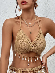 Crochet Swimsuit Shell Tassel Bikini Swimsuit Hollow Out Binding Rope Summer Holiday Sunbathing Knit Beach Bra Halter Bikini Top