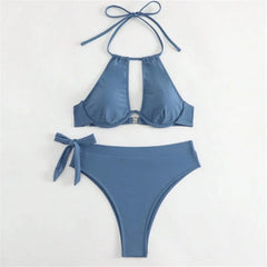 Braunes Bikini-Set mit hohem Bund, Neckholder, sexy Badeanzug für Damen, Push-up-Bikini mit Cut-Outs, Modell 2024