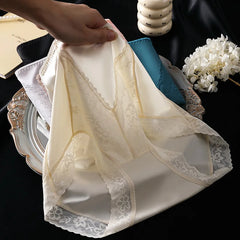 Damen-Slips mit hohem Bund aus Eisseidenspitze, sexy, atmungsaktiv, luxuriöse, nahtlose Satin-Unterwäsche, Po-bedeckend, Damen-Dessous