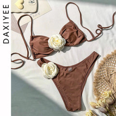 טלאי פרחים 3D סקסי בגדי ים חוטיני ביקיני 2024 נשים שרוכים בגד ים הלטר שרוך שחייה בגד ים Biquini Mujer