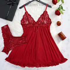Transparent Red Lace See Through Nightdress Women's Sexy Lingerie Underwear Sleepwear Panty Pijamas Sets Nighty