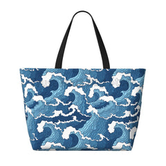 Sea Wave Beach Tote Bags for Women Waterproof Sandproof Large Pool Bag Stylish Zipper Beach Tote for Gym Travel Shopping School