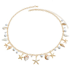 Boho-Sommer-Strand-Muschel-Taillenkette mit Imitationsperle, Seestern- und Muschelanhänger für Damen – Modeschmuck-Accessoires