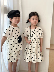 Trendy Children's Summer Clothing Boy's Casual Polka Dot T-shirt Set Girl's Sweet Dress Sibling Outfits Kid's Tee & Shorts Suit