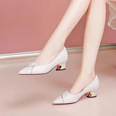 Cresfimix women fashion sweet pointed toe beige spring slip on square heel shoes lady classic office career work pumps ab509