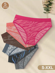 Set of 5 Women'S Low-Rise Seamless Underwear with Leopard Print, Featuring High Elasticity And Breathable Material.