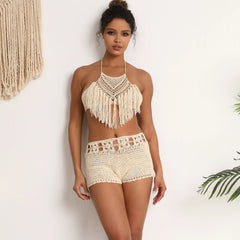 Handgehäkeltes Strandbikini-Set für Damen, kurze Badebekleidung, sexy Quasten