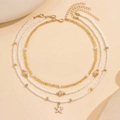 Bohemian Beach Rice Beads Imitation Shell Starfish Pendant Multi-layer Necklaces Women's Vacation Wind Holiday Accessories Gift