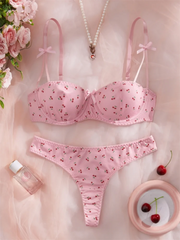 Lingerie Cute Cherry Print Bra Panty Sets Girl Beautiful Bow Sexy Lingerie Three-Point Underwear Intimate Sexy Female Lingerie