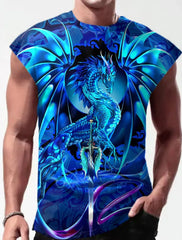 Neue Herren-Fitnessbekleidung von Four Seasons: Schlichtes, atmungsaktives, ärmelloses Unterhemd mit großem Sportprint und schnelltrocknender Farbe.