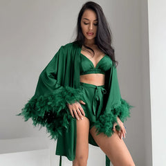 New Underwear Shorts Nightgown Three-piece Set Imitation Silk Home Clothes Spring Satin Feather Pajamas Women