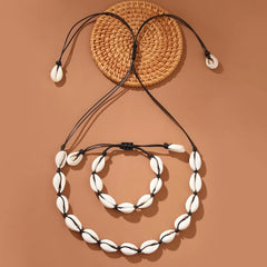 2pcs Fashion handmade Braided Shell Necklace Bracelet Jewelry Set for Women Bohemian Beach Resort style Vocation Jewelry Gift
