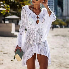 Summer Women Bikini Cover Up Hollow Out Knitted Flared Sleeves Swimwear Cover Up Solid Color Drawstring Beach Dress For Vacation
