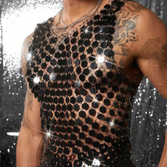 Sparkling Diamond Cut-Out See-Through Vest For Men - New Summer Style Sexy Nightclub Party Fishnet Beaded Outerwear Top