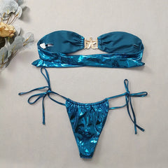 Gem Blue Glossy Bikini 2024 Damenbekleidung Badeanzug Sommer Strandurlaub Outfits String Badeanzug Bandeau Rückenfrei Bademode